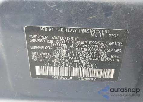 2013 Subaru Xv Crosstrek 2.0I Premium from USA, damaged, VIN JF2GPAVC1D2858009